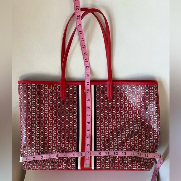 Tory Burch Gemini Link Large Red Logo Coated Canvas Vinyl Tote Bag - Picture 15 of 16